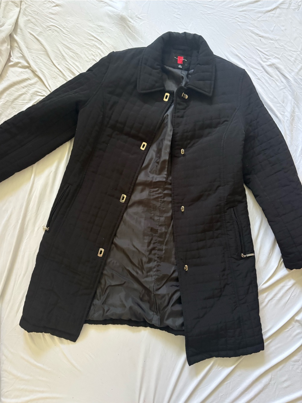 Gallery Black Quilted Trench Coat with Gold Accents